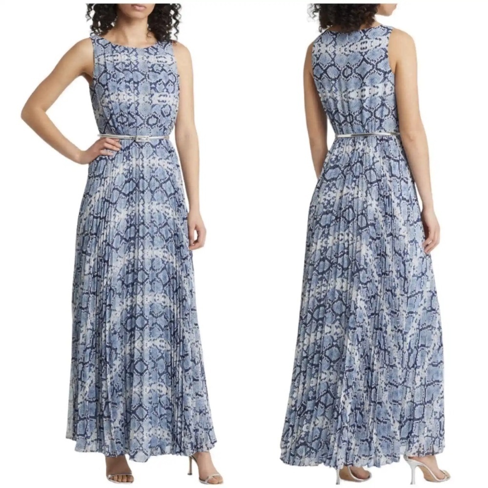 NEW Eliza J Snake Print Pleated Sleeveless Belted Maxi Dress Sz. 4 - Picture 1 of 7